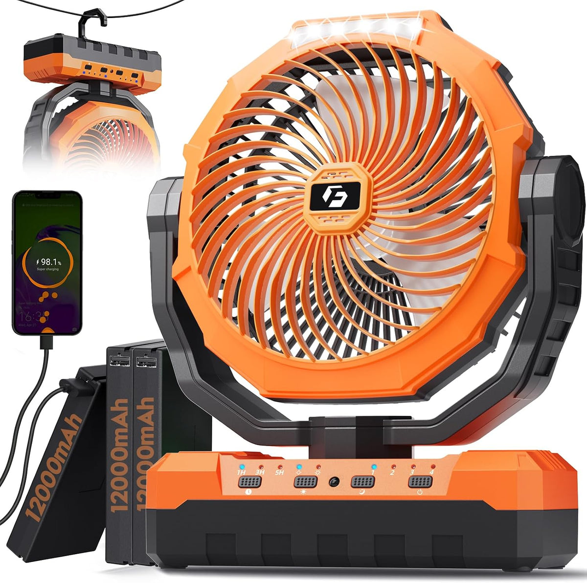 FRIZCOL 3-in-1 Camping Fan - Portable Fans Rechargeable - 24000mAh Battery Powered Fan with Light for Indoor, Outdoor, Tent, Travel, Fishing, Jobsite, Gifts for Men Dad Him - Black