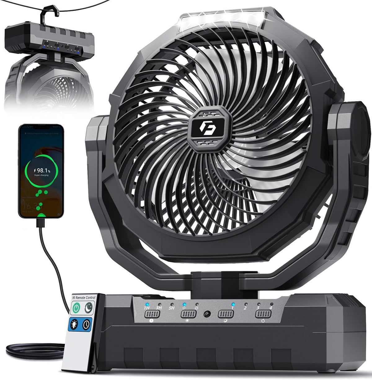 FRIZCOL 3-in-1 Camping Fan - Portable Fans Rechargeable - 24000mAh Battery Powered Fan with Light for Indoor, Outdoor, Tent, Travel, Fishing, Jobsite, Gifts for Men Dad Him - Black