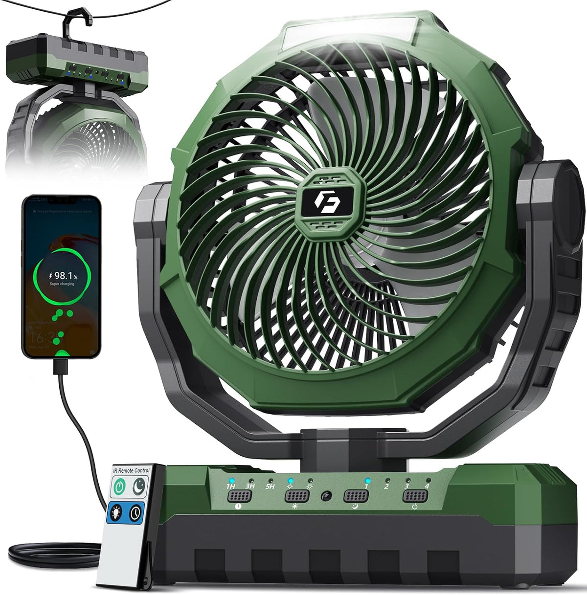 FRIZCOL 3-in-1 Camping Fan - Portable Fans Rechargeable - 24000mAh Battery Powered Fan with Light for Indoor, Outdoor, Tent, Travel, Fishing, Jobsite, Gifts for Men Dad Him - Black