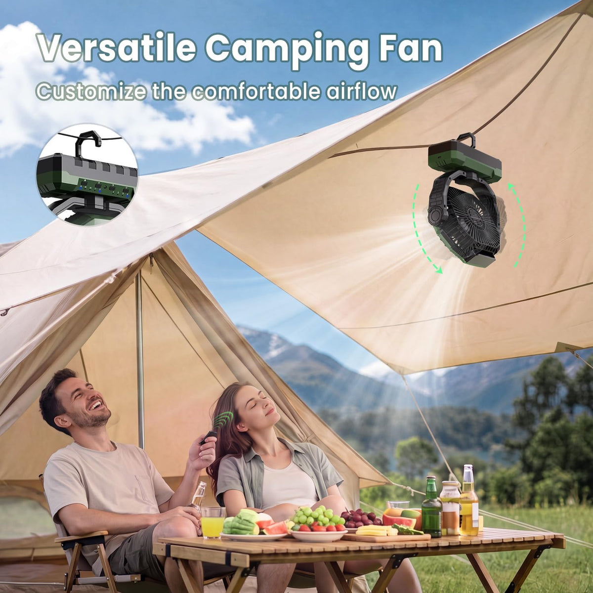 FRIZCOL 3-in-1 Camping Fan - Portable Fans Rechargeable - 24000mAh Battery Powered Fan with Light for Indoor, Outdoor, Tent, Travel, Fishing, Jobsite, Gifts for Men Dad Him - Black