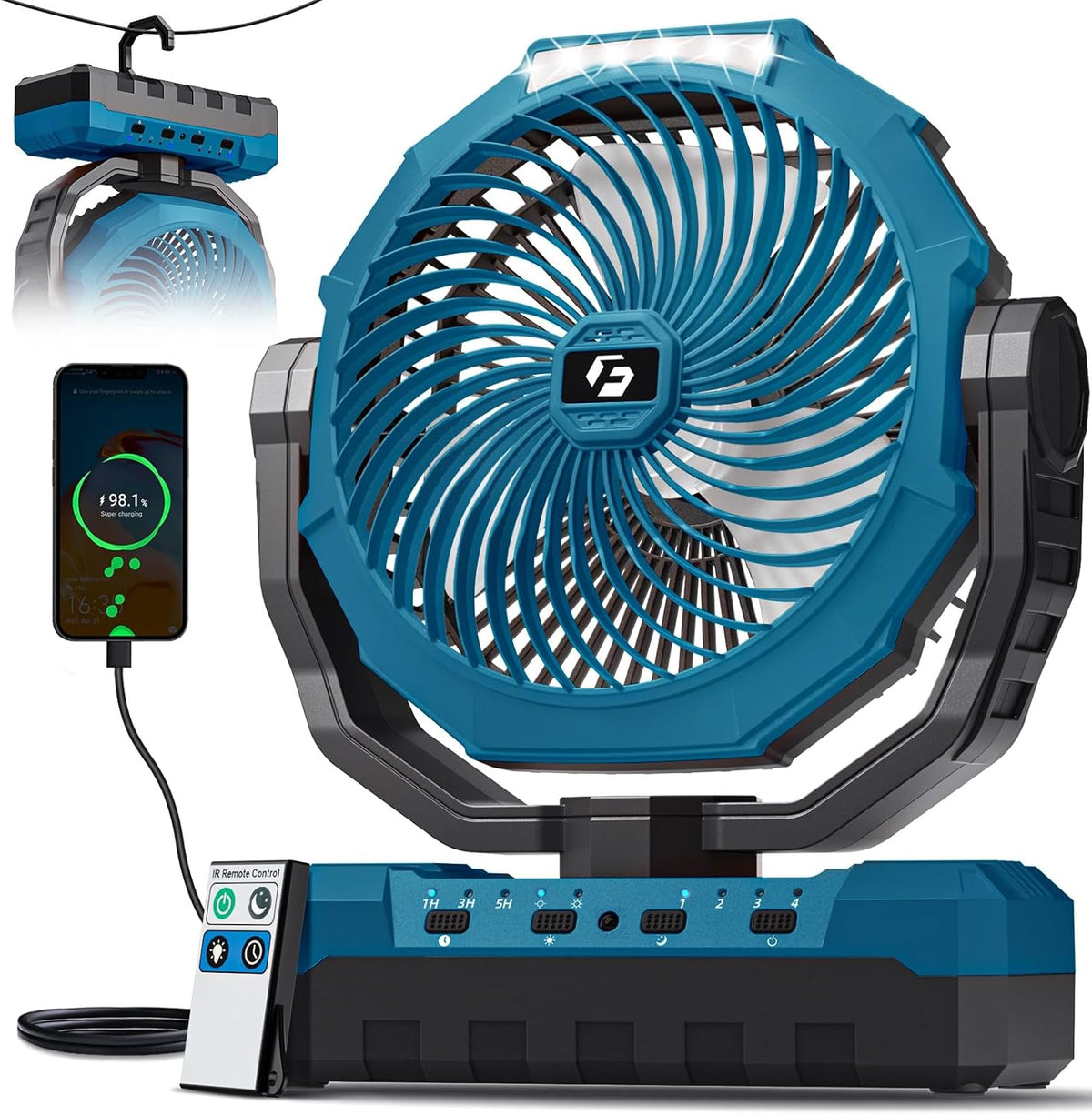 FRIZCOL 3-in-1 Camping Fan - Portable Fans Rechargeable - 24000mAh Battery Powered Fan with Light for Indoor, Outdoor, Tent, Travel, Fishing, Jobsite, Gifts for Men Dad Him - Black