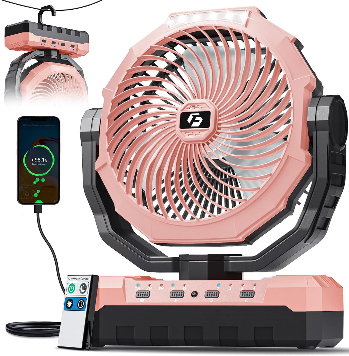 FRIZCOL 3-in-1 Camping Fan - Portable Fans Rechargeable - 24000mAh Battery Powered Fan with Light for Indoor, Outdoor, Tent, Travel, Fishing, Jobsite, Gifts for Men Dad Him - Black
