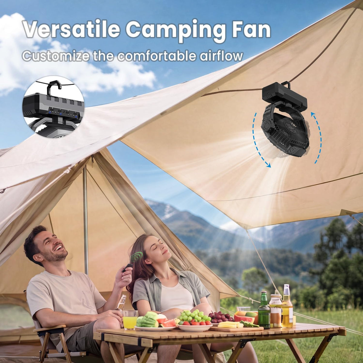 FRIZCOL 3-in-1 Camping Fan - Portable Fans Rechargeable - 24000mAh Battery Powered Fan with Light for Indoor, Outdoor, Tent, Travel, Fishing, Jobsite, Gifts for Men Dad Him - Black