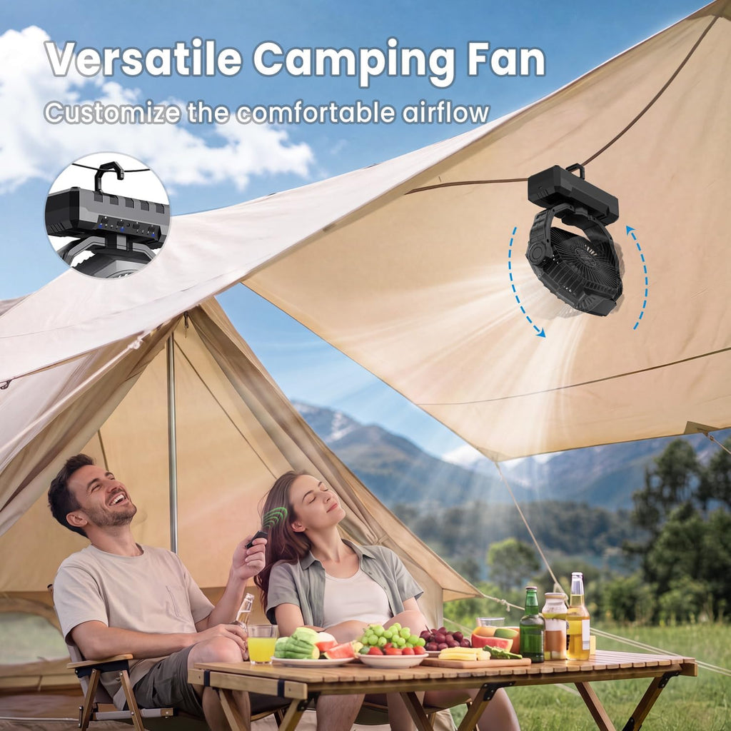 FRIZCOL 3-in-1 Camping Fan - Portable Fans Rechargeable - 24000mAh Battery Powered Fan with Light for Indoor, Outdoor, Tent, Travel, Fishing, Jobsite, Gifts for Men Dad Him - Black