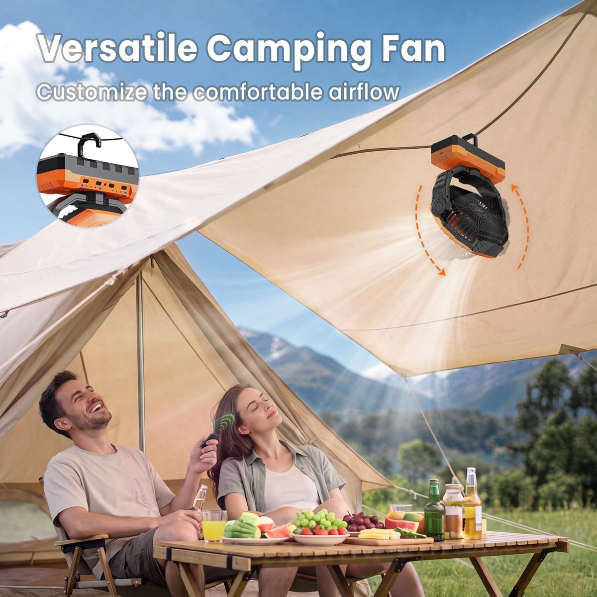 FRIZCOL 3-in-1 Camping Fan - Portable Fans Rechargeable - 24000mAh Battery Powered Fan with Light for Indoor, Outdoor, Tent, Travel, Fishing, Jobsite, Gifts for Men Dad Him - Black
