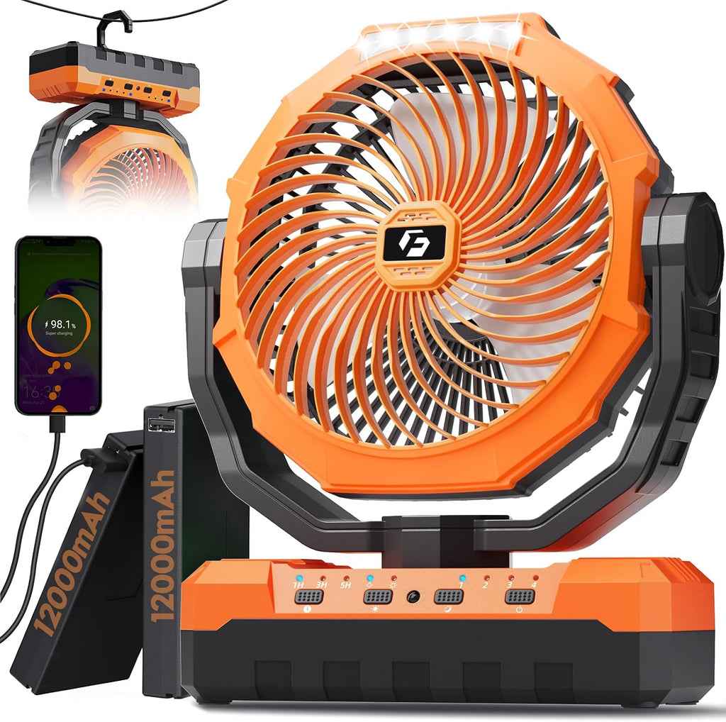 FRIZCOL 3-in-1 Camping Fan - Portable Fans Rechargeable - 24000mAh Battery Powered Fan with Light for Indoor, Outdoor, Tent, Travel, Fishing, Jobsite, Gifts for Men Dad Him - Black