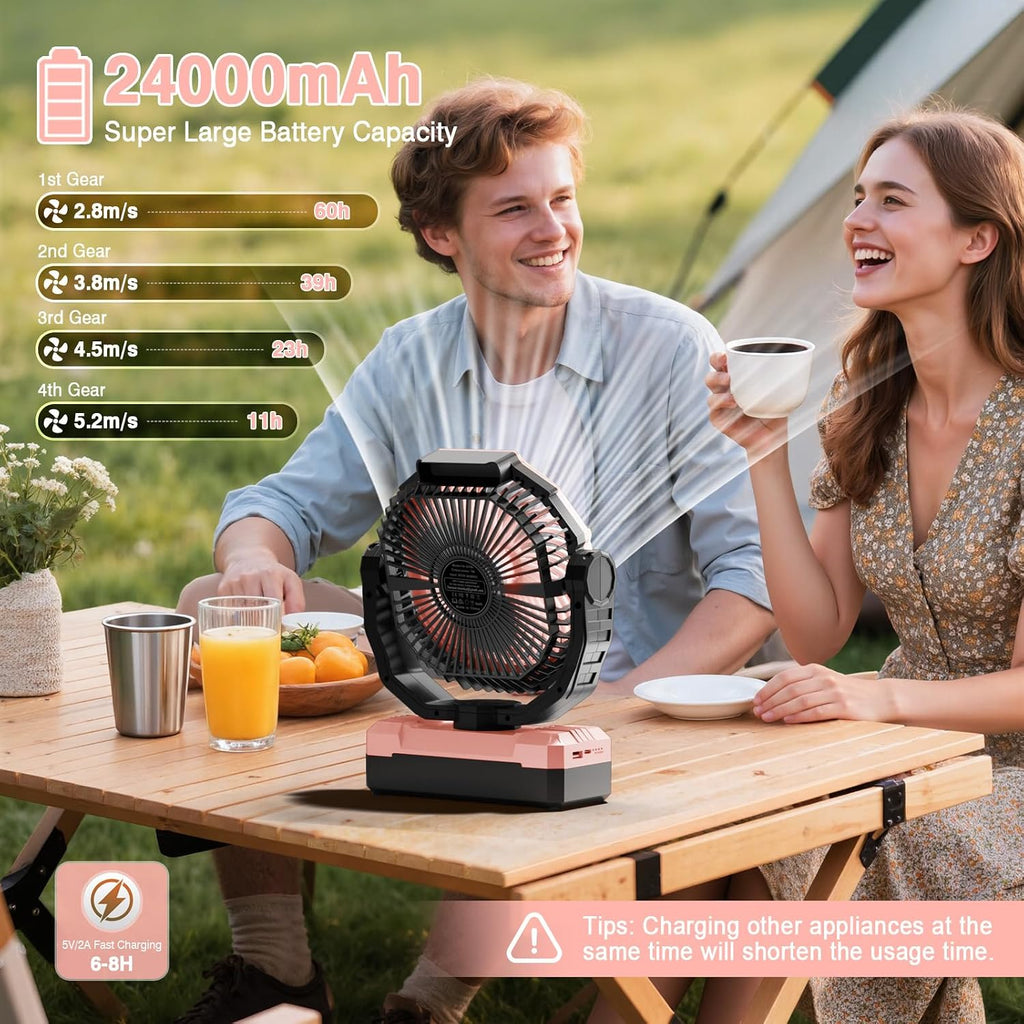 FRIZCOL 3-in-1 Camping Fan - Portable Fans Rechargeable - 24000mAh Battery Powered Fan with Light for Indoor, Outdoor, Tent, Travel, Fishing, Jobsite, Gifts for Men Dad Him - Black