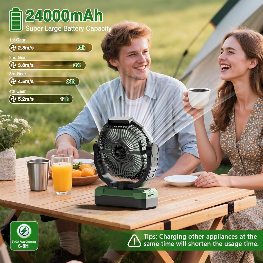 FRIZCOL 3-in-1 Camping Fan - Portable Fans Rechargeable - 24000mAh Battery Powered Fan with Light for Indoor, Outdoor, Tent, Travel, Fishing, Jobsite, Gifts for Men Dad Him - Black