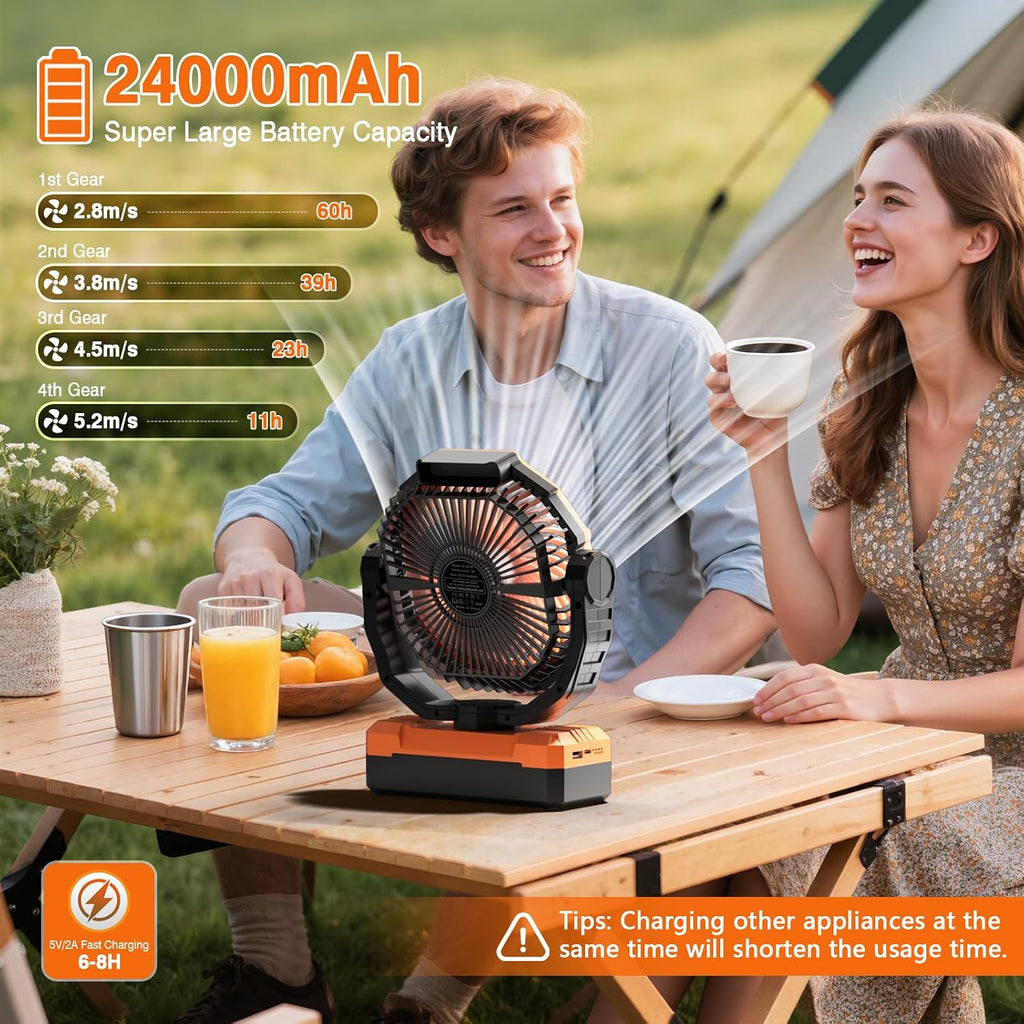 FRIZCOL 3-in-1 Camping Fan - Portable Fans Rechargeable - 24000mAh Battery Powered Fan with Light for Indoor, Outdoor, Tent, Travel, Fishing, Jobsite, Gifts for Men Dad Him - Black