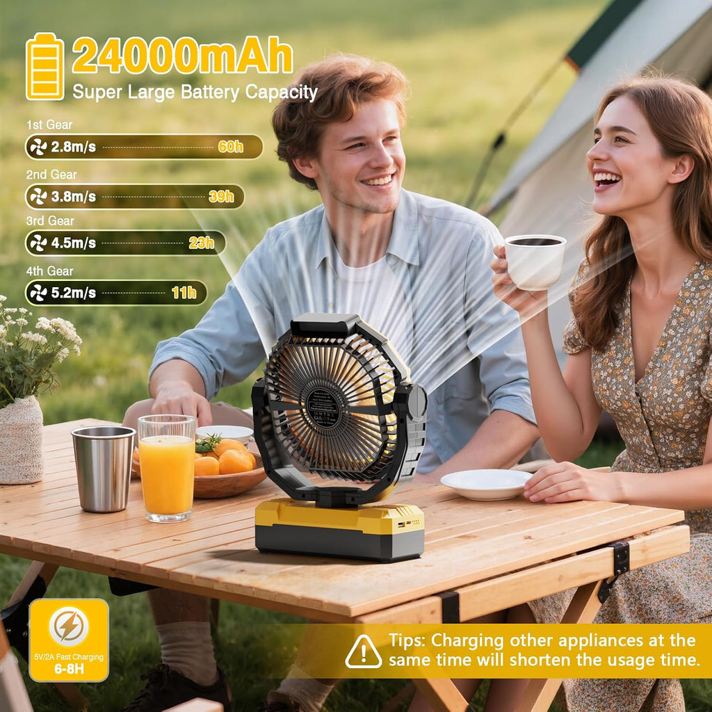 FRIZCOL 3-in-1 Camping Fan - Portable Fans Rechargeable - 24000mAh Battery Powered Fan with Light for Indoor, Outdoor, Tent, Travel, Fishing, Jobsite, Gifts for Men Dad Him - Black