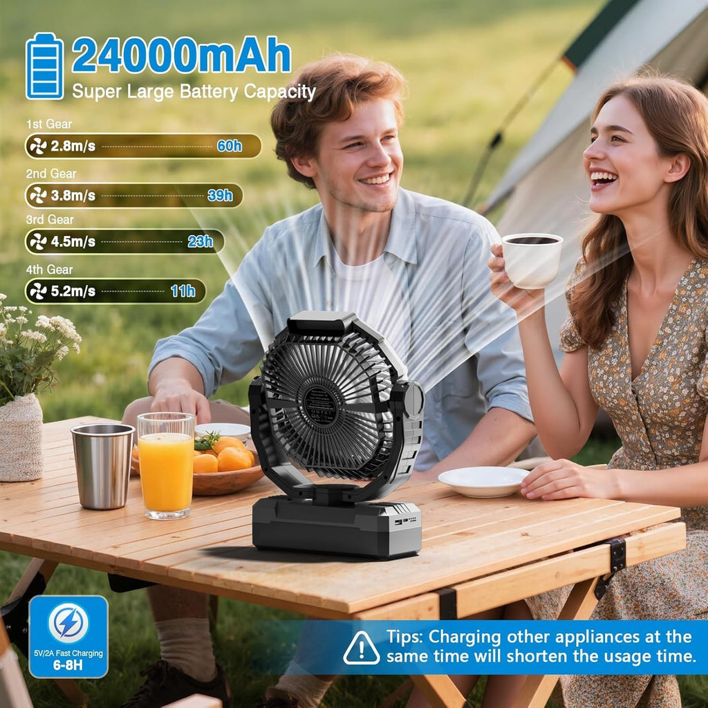 FRIZCOL 3-in-1 Camping Fan - Portable Fans Rechargeable - 24000mAh Battery Powered Fan with Light for Indoor, Outdoor, Tent, Travel, Fishing, Jobsite, Gifts for Men Dad Him - Black
