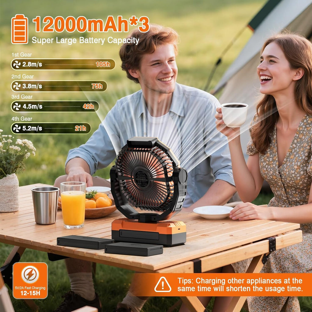 FRIZCOL 3-in-1 Camping Fan - Portable Fans Rechargeable - 24000mAh Battery Powered Fan with Light for Indoor, Outdoor, Tent, Travel, Fishing, Jobsite, Gifts for Men Dad Him - Black